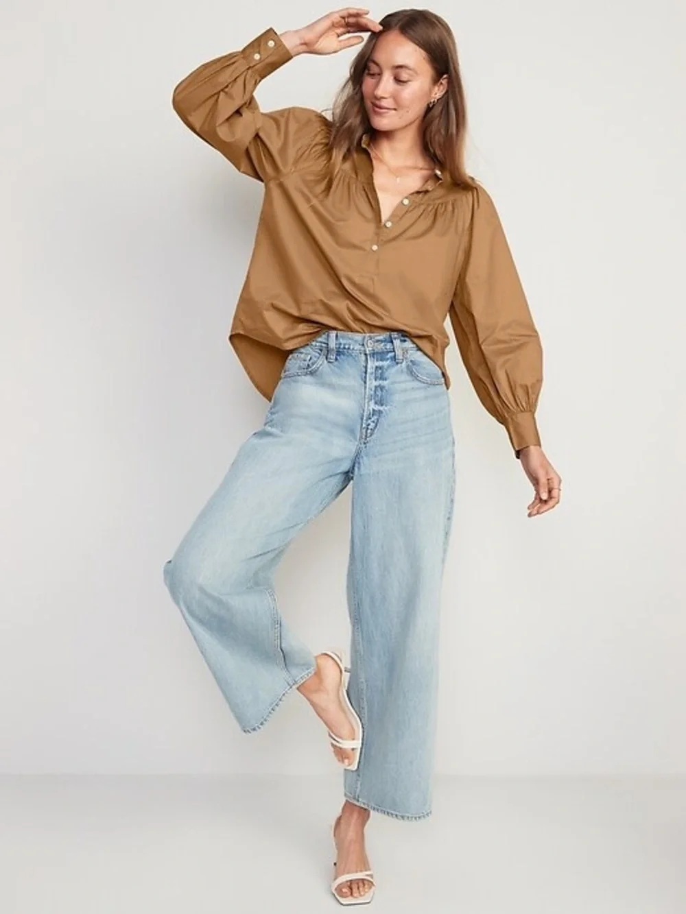 Old Navy Mocha Camel Puff Sleeve Henley Top Blouse